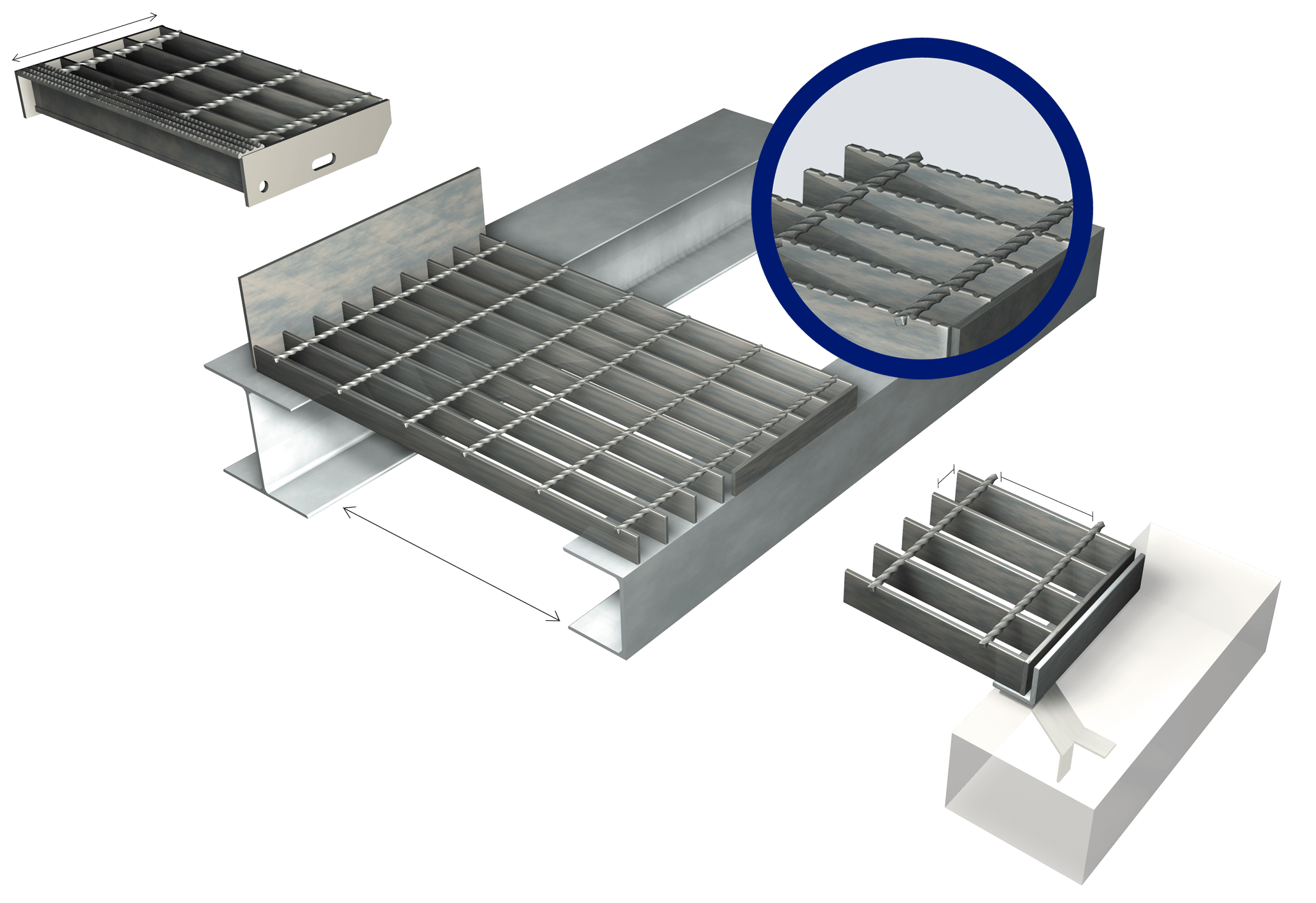 Image of a safegrid, with a highlight on the serrated flooring bars.